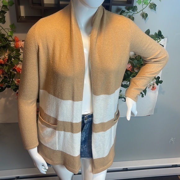 LOFT Tan & White‎ Striped Pocket Cardigan Sweater Womens Size M RefJ023 - Picture 4 of 11